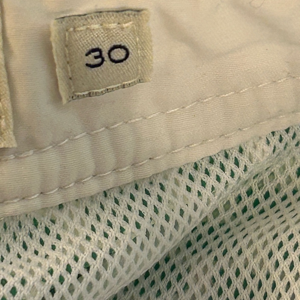 J.Crew Men's Swim Trunks in a green and white geometric print. - Picture 13 of 13